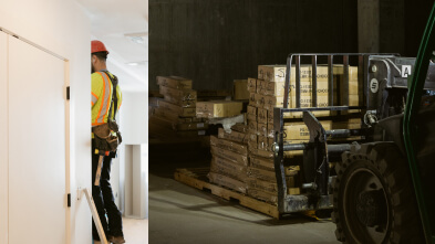 Left: Installer working on a student housing kitchen; Right: Forklift moving student housing cabinets
